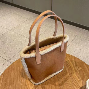 PU Leather Tote Bag with Lamb Wool