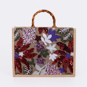 Ladies Handbag Bohemian Sequins Linen Tote with Bamboo Handles - Red