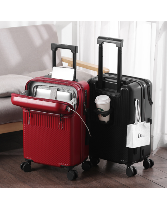 Front Pocket Carry-on Luggage with USB Port Spinner Wheels - Red