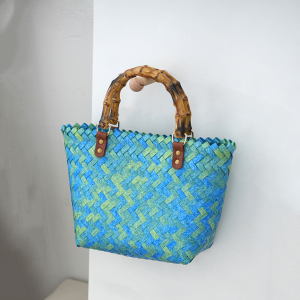 Woven Tote Bag with Bamboo Handle for Women - Blue