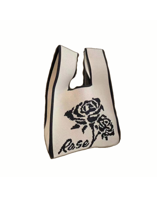 Knitted Elastic Tote Bag Handbag for Women - White Rose