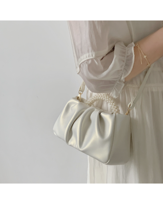 Evening Clutch Pearl Soft Leather Ruched Crossbody Bags Purses for Women Ladies 