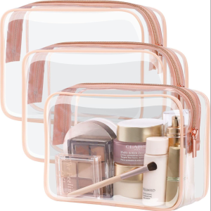 3 Pcs Clear Toiletries Bags Travel Makeup Carry on Airport Airline Compliant Bag - Pink