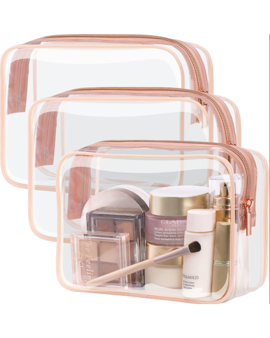3 Pcs Clear Toiletries Bags Travel Makeup Carry on Airport Airline Compliant Bag - Pink