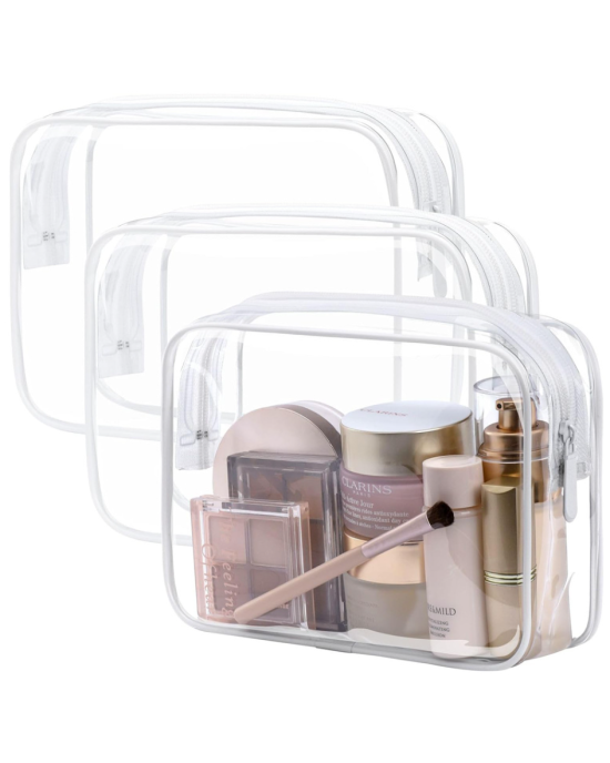 3 Pcs Clear Toiletries Bags Travel Makeup Carry on Airport Airline Compliant Bag - White