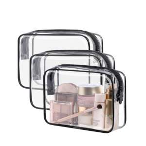 3 Pcs Clear Toiletries Bags Travel Makeup Carry on Airport Airline Compliant Bag - Black