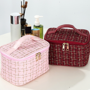 Plaid Tweed Storage Makeup Bag Organizer with Divider and Handle
