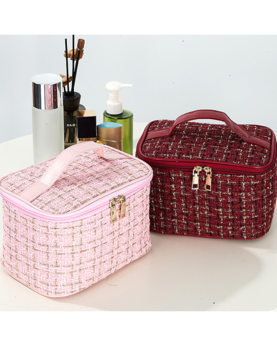 Plaid Tweed Storage Makeup Bag Organizer with Divider and Handle
