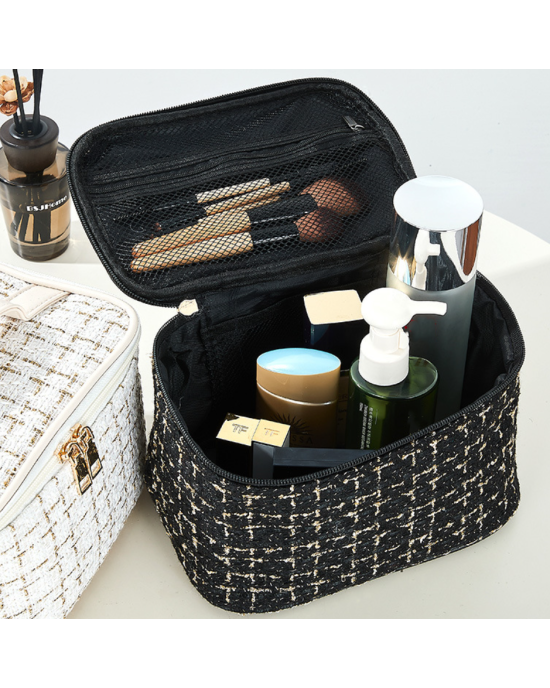 Plaid Tweed Storage Makeup Bag Organizer with Divider and Handle