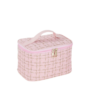 Plaid Tweed Storage Makeup Bag Organizer with Divider and Handle