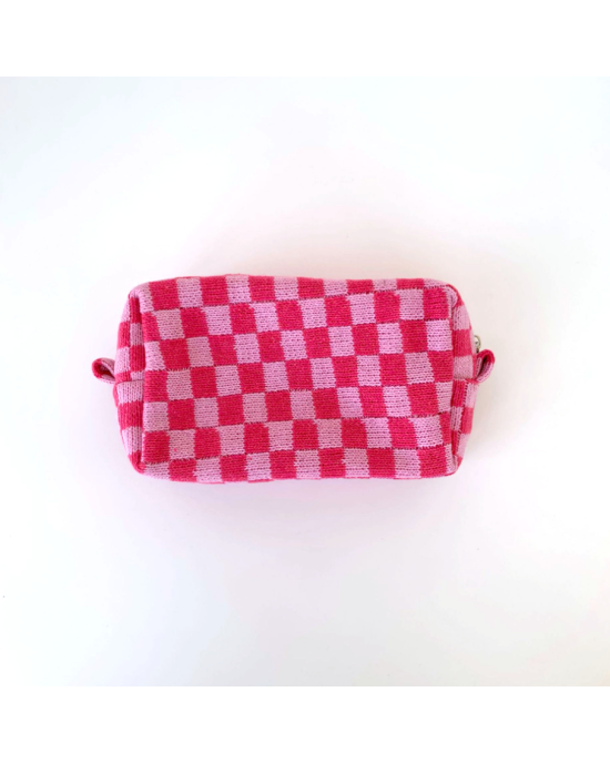 2 Pcs Knit Cosmetic Checkered Makeup Bag - Pink