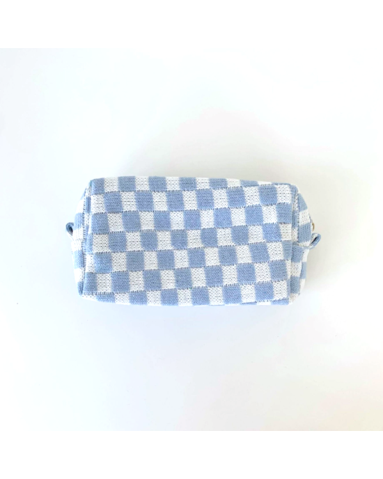2 Pcs Knit Cosmetic Checkered Makeup Bag - Blue