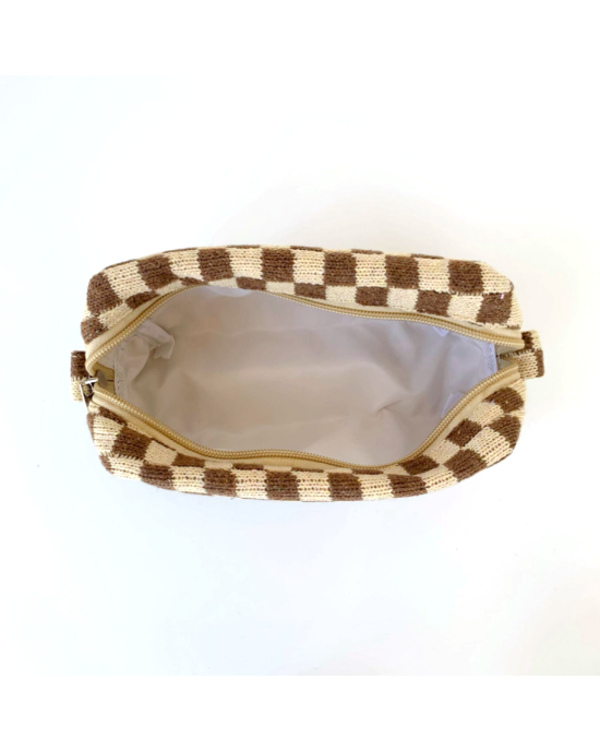 2 Pcs Knit Cosmetic Checkered Makeup Bag - Brown