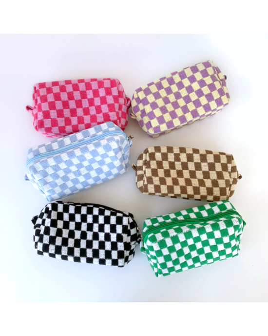2 Pcs Knit Cosmetic Checkered Makeup Bag - Brown