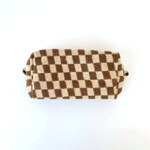 2 Pcs Knit Cosmetic Checkered Makeup Bag - Brown