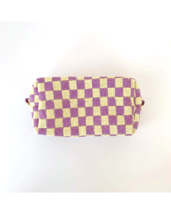 2 Pcs Knit Cosmetic Checkered Makeup Bag - Coffee