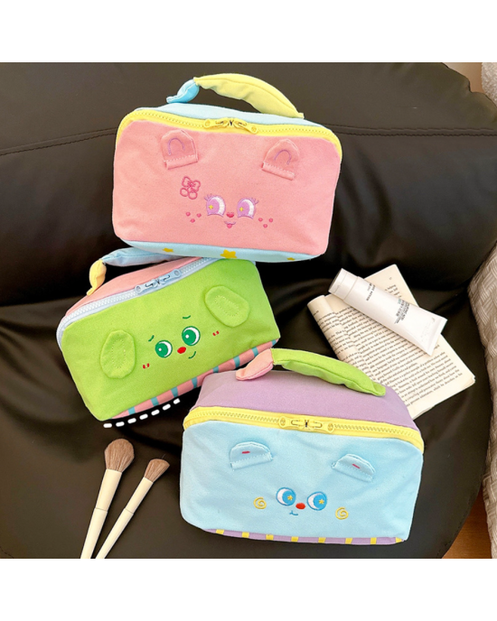 Cute Cartoon Canvas Travel Makeup Bags Toiletry Organizer Pouch Storage Flat Zip