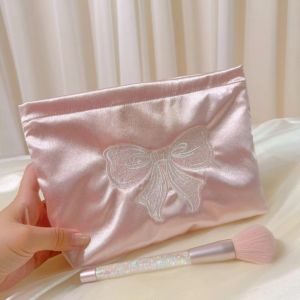 Satin Embroidery Makeup Bag with Bow Purse Zipper Cosmetic Pouch