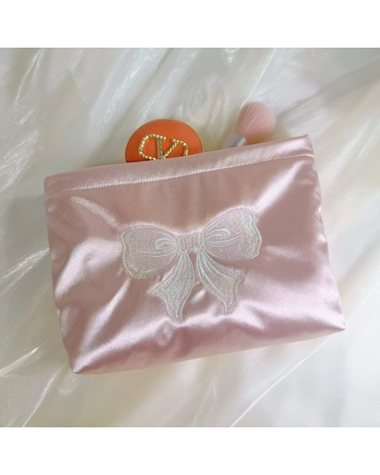 Satin Embroidery Makeup Bag with Bow Purse Zipper Cosmetic Pouch
