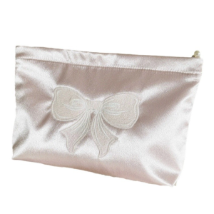 Satin Embroidery Makeup Bag with Bow Purse Zipper Cosmetic Pouch