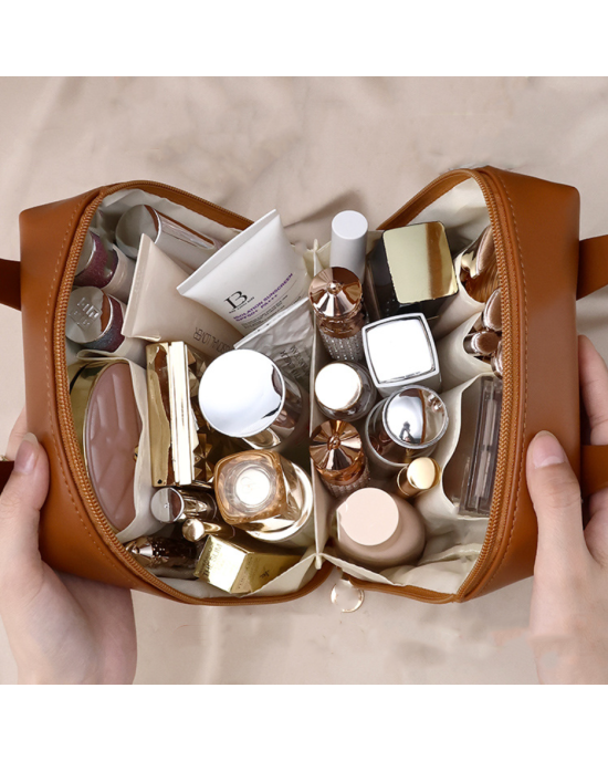  PU Leather Handheld Cosmetic Organizer Travel Makeup Bag with Top Handle