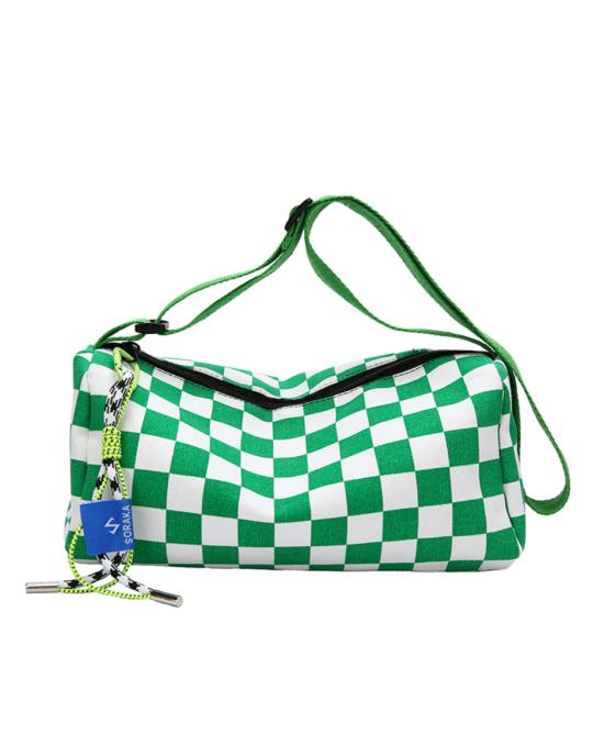 Checkered Canvas Boston Crossbody Bag - Green