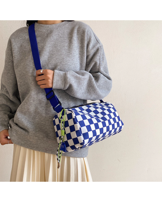 Checkered Canvas Boston Crossbody Bag - Blue