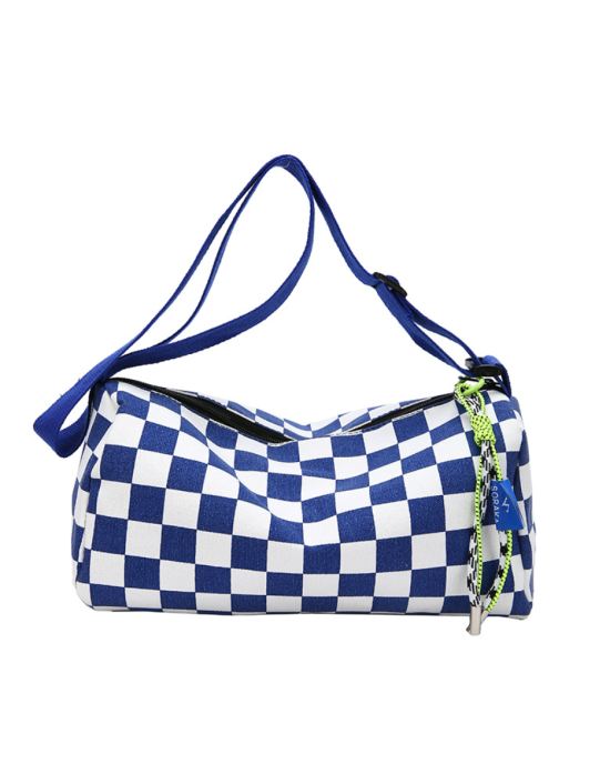 Checkered Canvas Boston Crossbody Bag - Blue