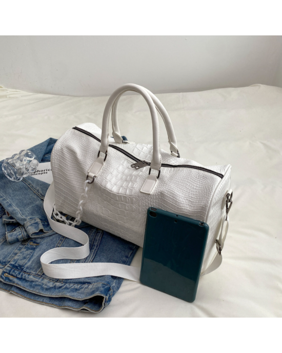 PU Crocodile Leather Weekend Gym Hospital Sleepover Bag - White