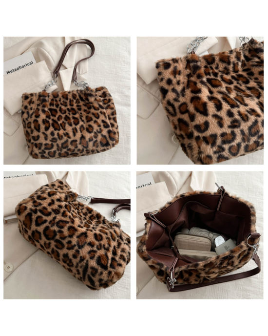 Women Ladies Leopard Plush Shoulder Bag Large Tote Handbag