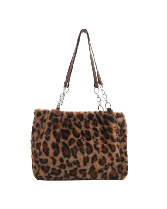 Women Ladies Leopard Plush Shoulder Bag Large Tote Handbag