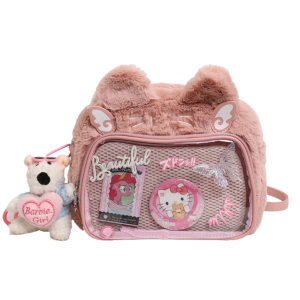 Girls Y2k Cute Plush Cat Ita Bag Pin Display Shoulder Crossbody Backpack - Pink