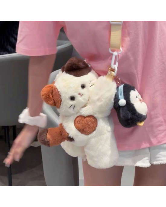 Fluffy Lying Calico Cat Plush Crossbody Bag
