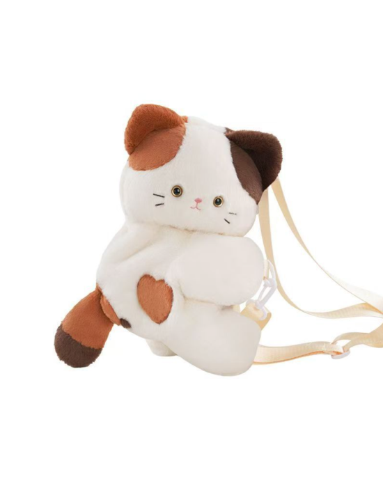 Fluffy Lying Calico Cat Plush Crossbody Bag