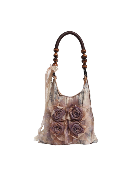 Women's Tie-dyed 3D Rose Applique Shoulder Bag Floral Hobo Handbags
